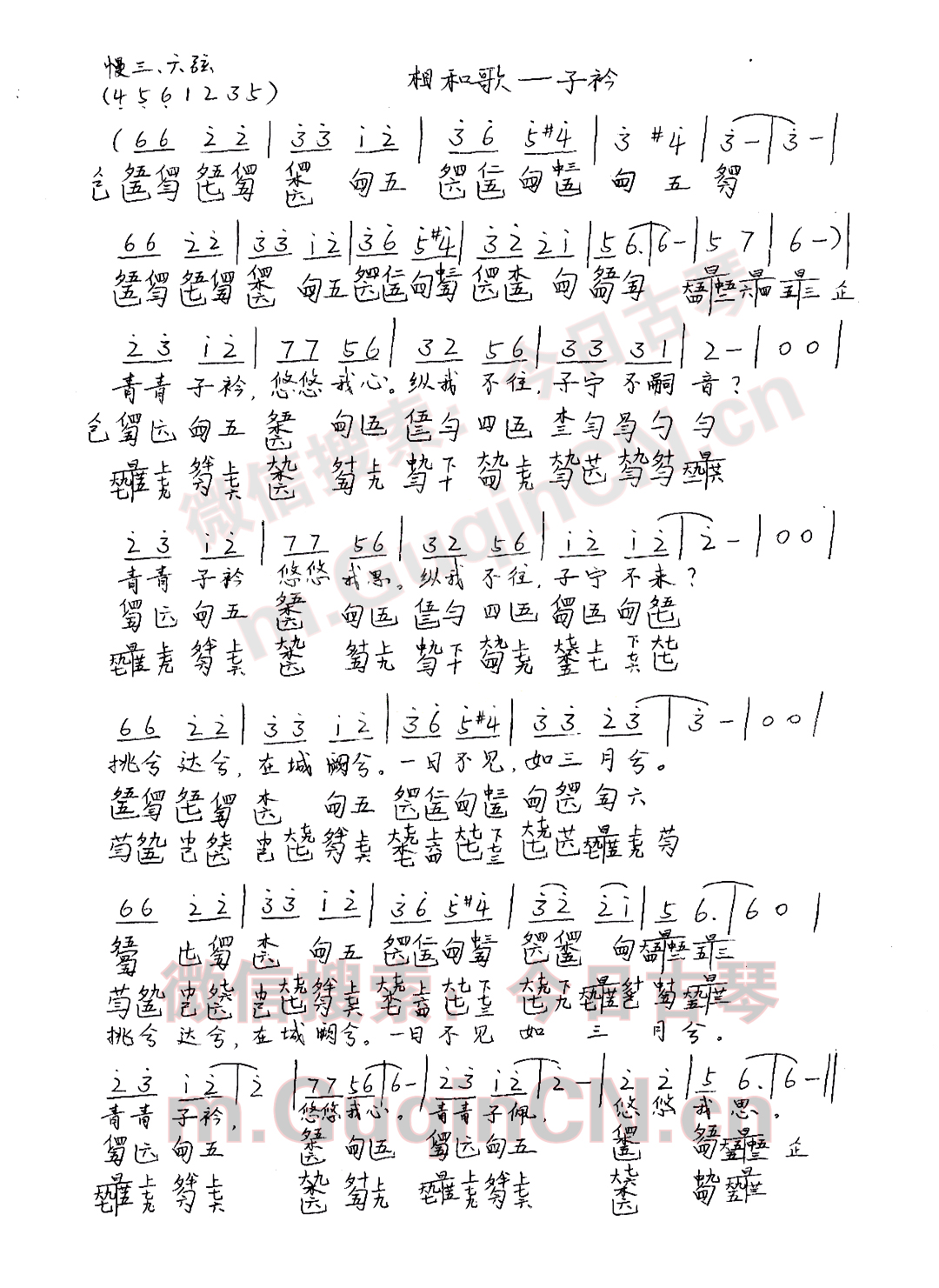 相合歌子衿古琴谱